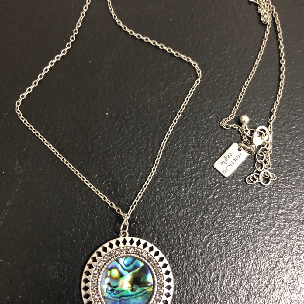 American Eagle Brand Silver Tone Abalone‎ Rhinestone Pendant 30" Necklace